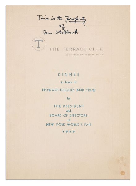 Howard Hughes Signed Menu From a 1939 Dinner Held in Honor of His Round The World Flight