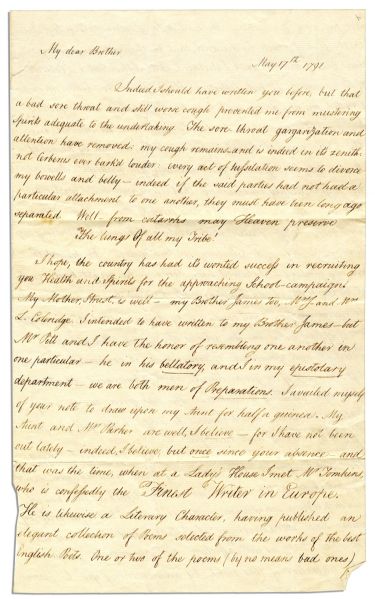 Samuel Taylor Coleridge Autograph Letter -- …I conceived such writing not more the production of a fine-formed Hand, than the emanation of an elegant Soul… -- 1791
