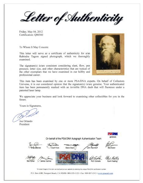 Nobel Prize Recipient Rabindranath Tagore Signed Photo -- With PSA/DNA COA -- Rare