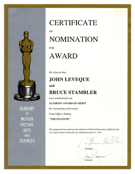 1993 Academy Award Nomination for ''The Fugitive'' Sound Effects Editing