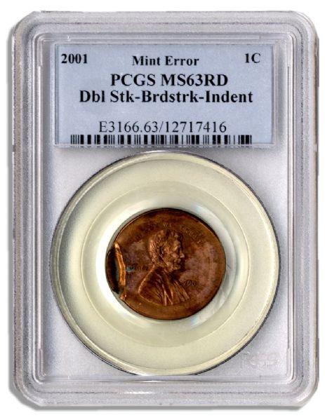 Lincoln Error Penny -- Series 2001 -- PCGS MS63 RD -- Double Struck, Broadstruck & Indented