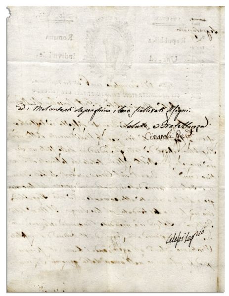 Italian Roman Republic 1798 Document -- Shortly After Napoleon's General Invaded Rome in February & Established the Roman Republic -- ''...The Republic was founded with their blood...''
