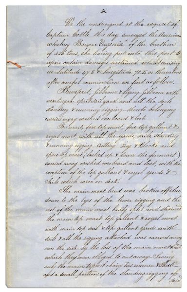 1858 Documents for Whaling Ship ''Eugenia'' -- Detailing Damage to Ship Detoured to Island of Mauritius