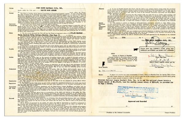 Cal Abrams Triple-Signed 1949 Minor League Contract