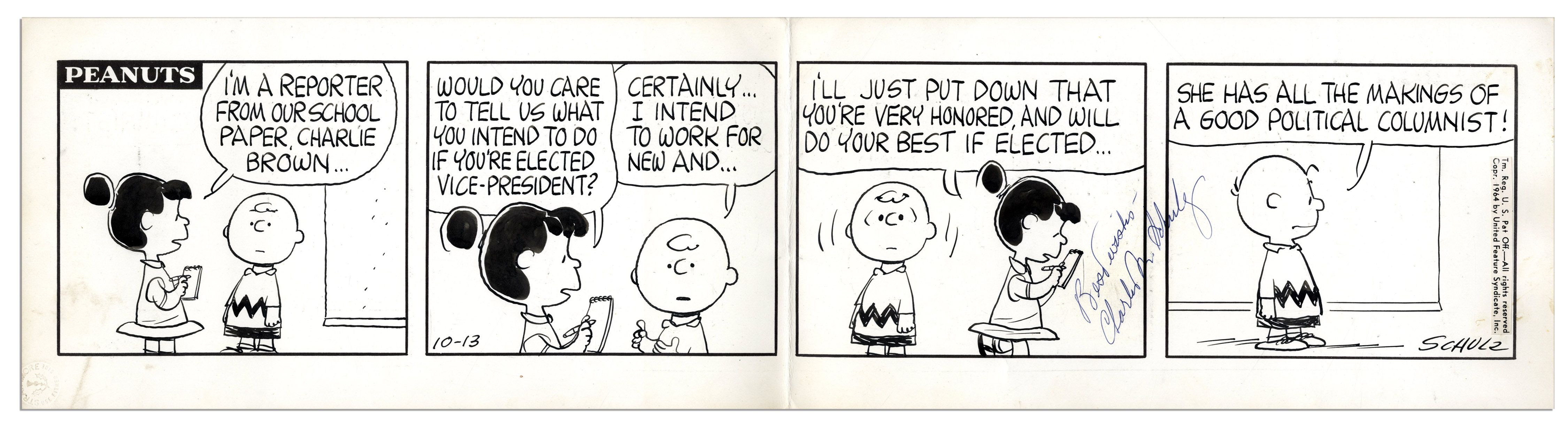 Lot Detail - Charles Schulz Hand-Drawn Original ''Peanuts'' Comic Strip --  With Charlie Brown & Lucy