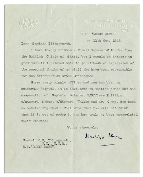 1943 Typed Letter Signed From Winston Churchill -- Churchill Thanks the Captain of the Queen Mary for a ''Notable Voyage'' That Took Him to Meet President Roosevelt at the TRIDENT Conference