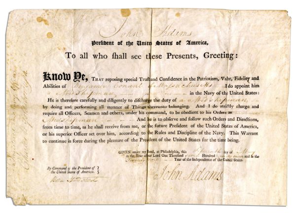 John Adams Document Signed as President -- Military Appointment of Midshipman