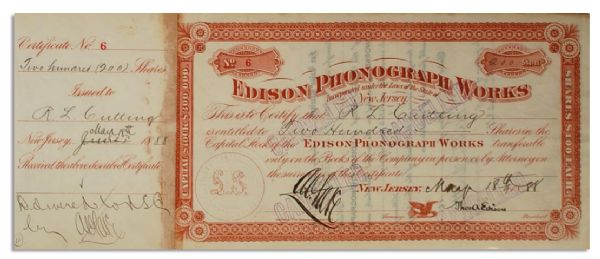 Thomas Edison Signed Stock Certificate for ''Edison Phonograph Works''