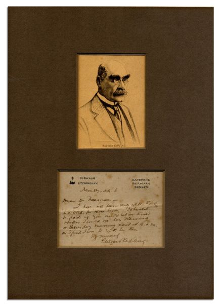 Intriguing Rudyard Kipling Autograph Letter Signed -- ''Dear Dr...I have not been very well...let me know whether I could see Mrs. Fleming...''