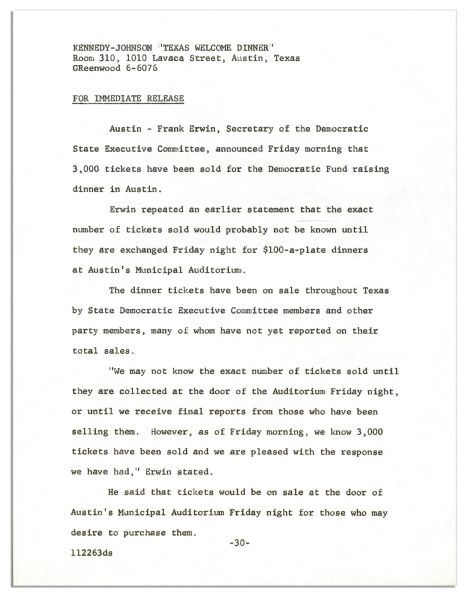 Press Kit for the ''Texas Welcome Dinner'' Honoring JFK the Night of His Assassination
