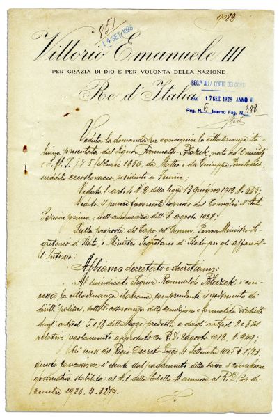 1928 Document Signed by Benito Mussolini & Vittorio Emanuele III