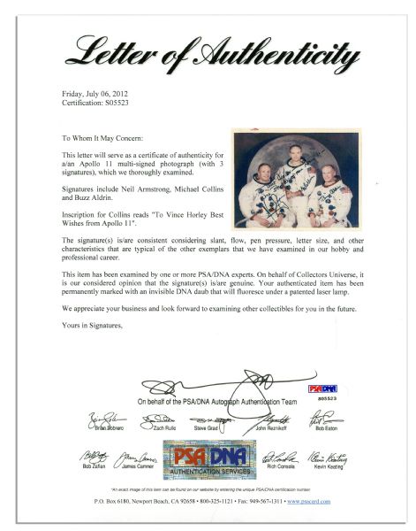 Apollo 11 Crew Signed 10'' x 8'' Photo -- With PSA/DNA COA
