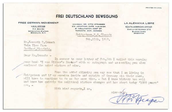 Nazi ''Public Enemy Number One'' Otto Strasser Typed Letter Signed -- ''...I know…how short today '1000 years' are...''