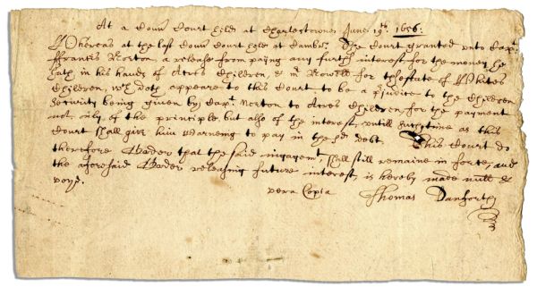 Salem Witch Trials Judge Thomas Danforth Document Signed From 1656 -- Scarce