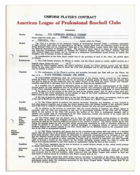 Hank Greenberg & William Harridge Signed 1955 Cleveland Indians Player's Contract