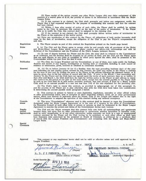 Hank Greenberg & William Harridge Signed 1955 Cleveland Indians Player's Contract