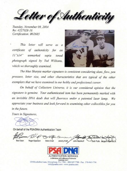 Ted Williams Signed Photo Posing With DiMaggio -- Sepia Tone 14'' x 11'' -- PSA/DNA COA -- Very Good
