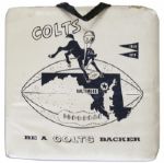 Baltimore Colts Stadium Cushion & ''The Colt'' Beer Can -- 1958-59 Championship Season -- 15'' x 15'' Blue & White Seat -- Used 7-Ounce National Bohemian Light Beer Can -- Very Good