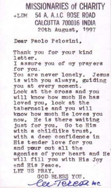 Mother Teresa Typed Letter Signed -- Dated Shortly Before Her Death