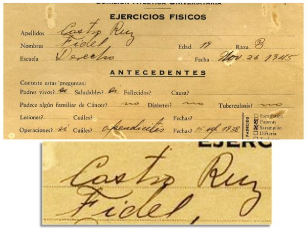 Fidel Castro Document Signed -- 1945 Handwritten University of Havana Athletic Questionnaire -- Castro Lists His Height, Weight Etc. & Sports Played Including Baseball