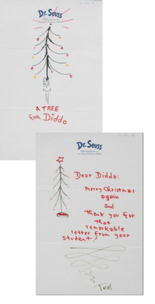 Rare Original Dr. Seuss ''Grinch'' Drawings Signed -- Festive Christmas Greetings