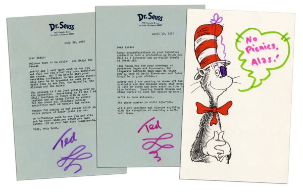 Dr. Seuss Letter & Cat in the Hat Drawing -- ''...I am...getting over an eye operation...I am still learning to focus with my...implant...'' -- 1976