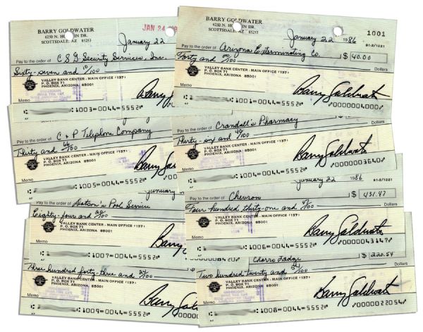 Lot of 10 Barry Goldwater Checks Signed -- From January 1986 While Senator of Arizona