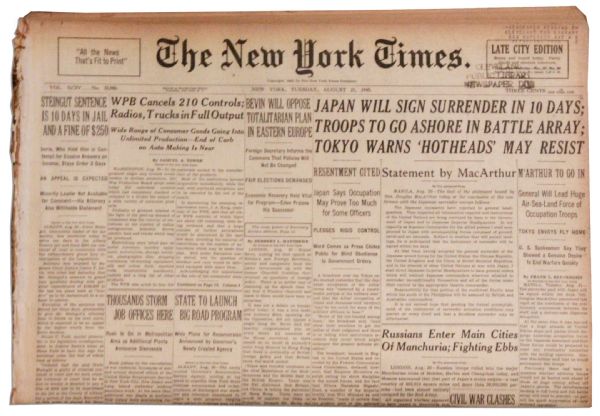 21 August 1945 ''New York Times'' -- ''Japan Will Sign Surrender in 10 Days''