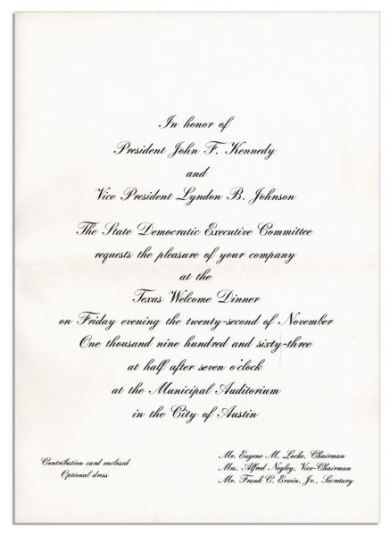 Invitation to a Dinner Welcoming JFK to Texas The Night He Was Killed