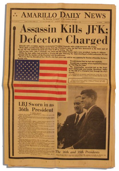 JFK Assassination Newspaper -- 23 November Edition of the Amarillo Daily News -- ''ASSASSIN KILLS JFK; DEFECTOR CHARGED''