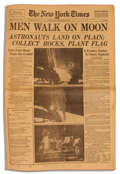 21 July 1969 New York Times Newspaper Announcing For The First Time Ever, ''MEN WALK ON MOON''