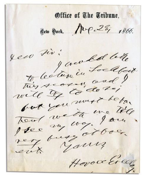 Horace Greeley 1866 Autograph Letter Signed -- ''...you must be patient with me till I see my way...''