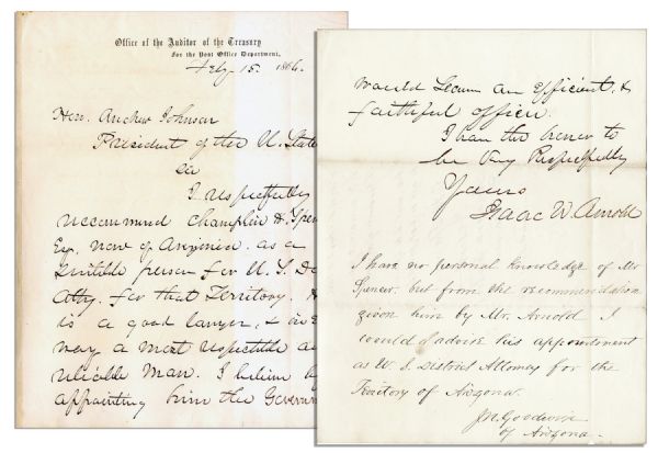 Abolitionist Isaac Newton Arnold 1866 ALS to President Andrew Johnson -- ''...I...recommend Champlin H. Spencer Esq...as a suitable person for US Dist. Atty...he is a good lawyer...''