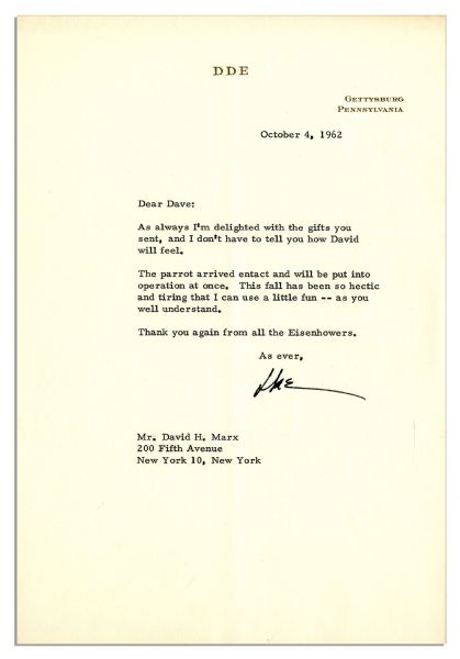 Dwight Eisenhower Typed Letter Signed -- ''...The parrot arrived entact...'' -- 1962