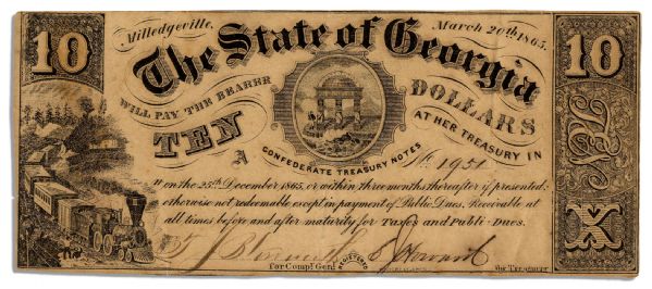 Confederate States of America Currency -- Ten Dollar Georgia Note