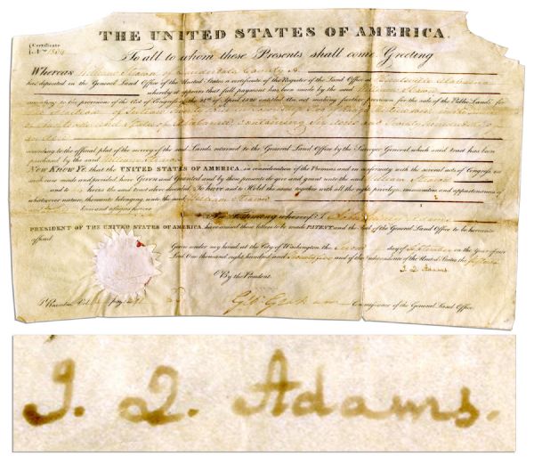 John Quincy Adams Signed 1825 Land Grant as President