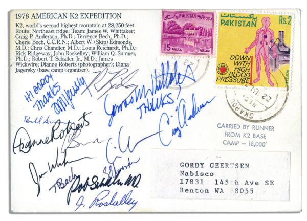 1978 K2 Expedition Team-Signed Postcard -- The First Ascent of K2 by an American Team