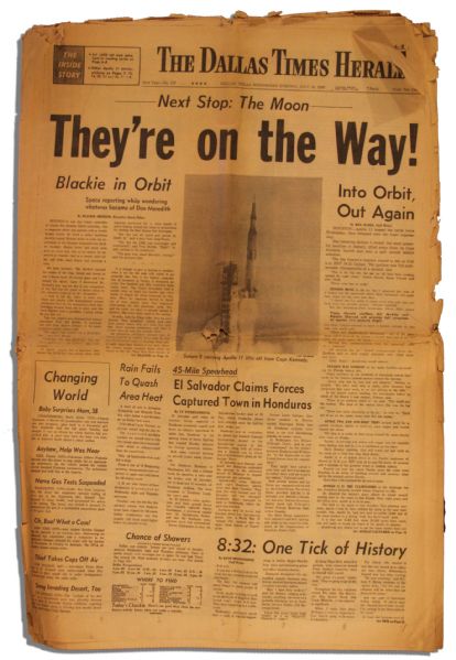 Apollo 11 Newspaper Announcing Launch of Rocket That Put The First Men on The Moon -- ''Next Stop: The Moon / They're on the Way!'' -- 16 July 1969