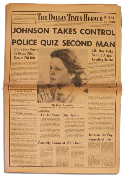 Historic ''The Dallas Times Herald'' 23 November 1963 Edition -- Headlines Include ''Johnson Takes Control'' and ''Police Quiz Second Man''