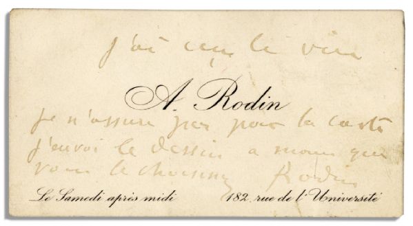 Sculptor of ''The Thinker,'' Auguste Rodin Autograph Note Signed on His Own Business Card