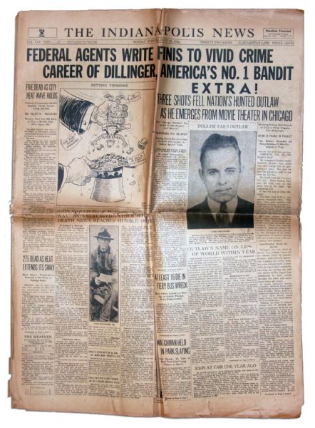 The Fatal Shooting of John Dillinger Announced in His Hometown Newspaper ''The Indianapolis News''