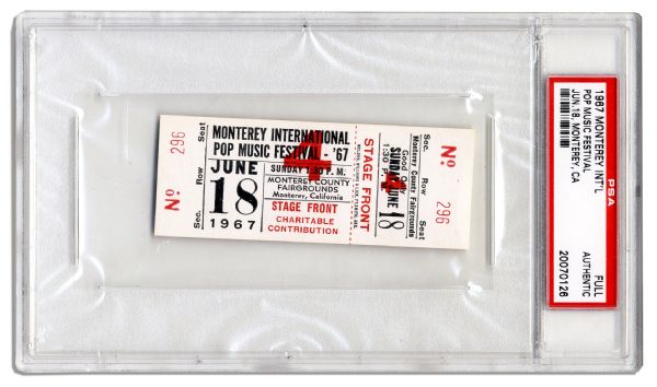 Ticket to The 1967 Monterey International Pop Music Festival -- Jimi Hendrix, Janis Joplin, The Grateful Dead, Jefferson Airplane, Otis Redding & The Who All Performed -- With PSA/DNA COA