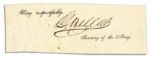 Gideon Welles Signed Slip -- G. Welles as Secretary of The Navy in the 1860s -- Measures 5 x 1.75 -- Foxing & Creasing, Very Good