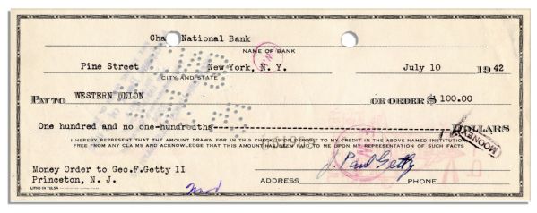 Billionaire Oil Magnate ''J. Paul Getty'' Signed Check Wiring Money to His Son