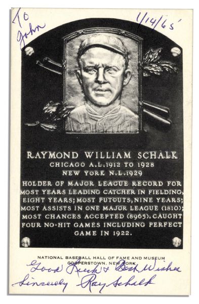 Chicago White Sox Hall of Famer Ray Schalk Autographed Postcard
