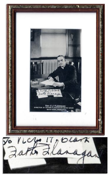 Boys Town Founder Father E.J. Flanagan Signed 3'' x 5'' Photo -- ''To Vick H. Clark / Father Flanagan'' -- In Vintage 5.75'' x 7.75'' Wood Frame -- Tiny Chip to Finish, Else Near Fine