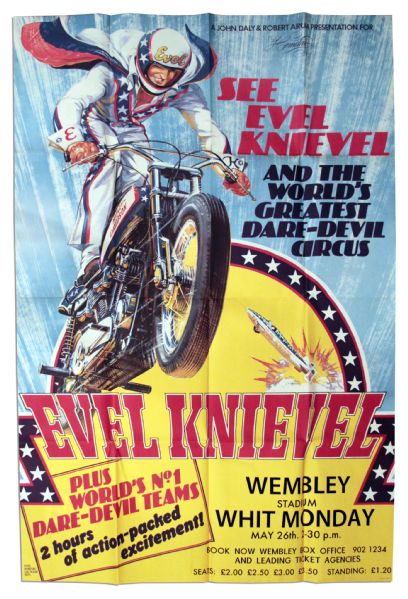 Huge Poster Promoting Evel Knievel at Wembley Stadium 26 May 1975 -- The Show That Broke His Pelvis & Nearly Took His Life -- Oversize Poster Measures 3.5' x 5'