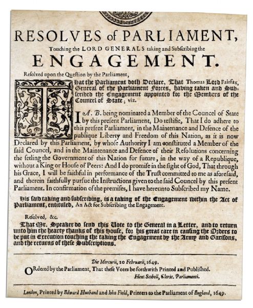 English Civil War Broadside From 1649 -- Official Publicly Renounces His Loyalty to the King -- ''...the Government of this Nation for future...without a King...''