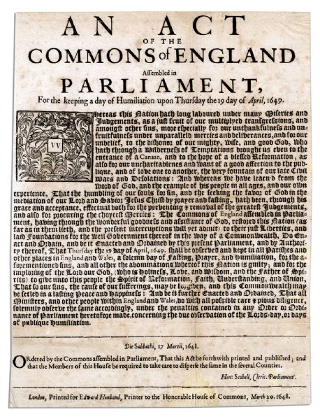 Broadside Issued During the Third English Civil War Calling For a Day of Humiliation