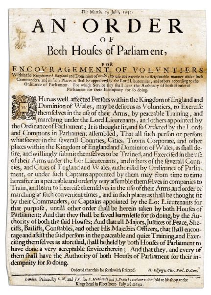 English Civil War Broadside -- The Parliamentarian Side Recruits Volunteer Soldiers Before The First Battle